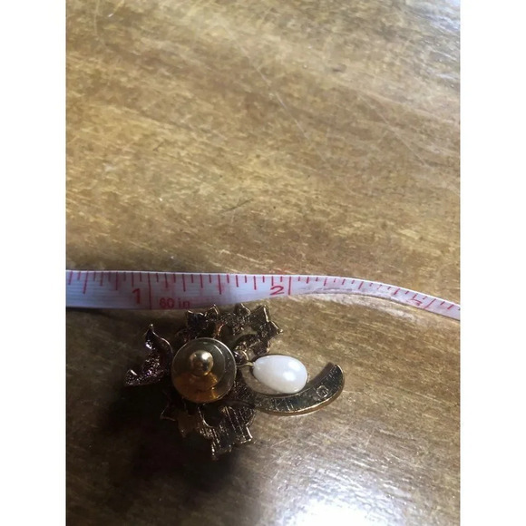 Partridge In A Pear Tree Lapel Hat Jacket Pin Brooch Gold Color Metal Faux Pearl - Picture 4 of 4